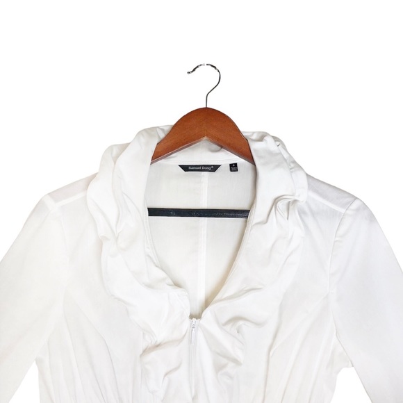Samuel Dong White Wired Double Ruffled Collar Long Sleeve Zip Front Blouse Top - Picture 4 of 8